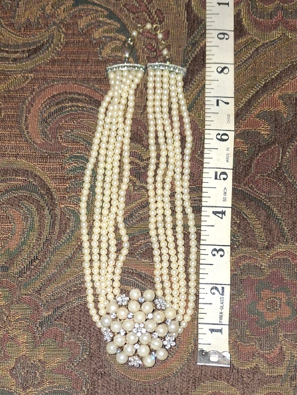 Tracy Lynn Classic Ivory Pearl Multi-Strand Necklace with Crystal Cluster